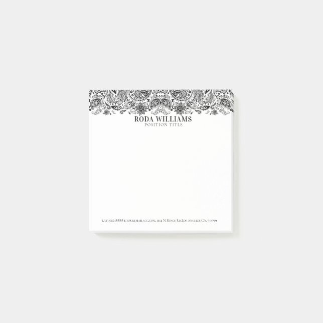 Elegant black ornate floral paisley lace post-it notes (Front)