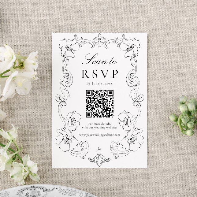 Elegant Black Ornate Floral QR Code Wedding RSVP Card (Creator Uploaded)