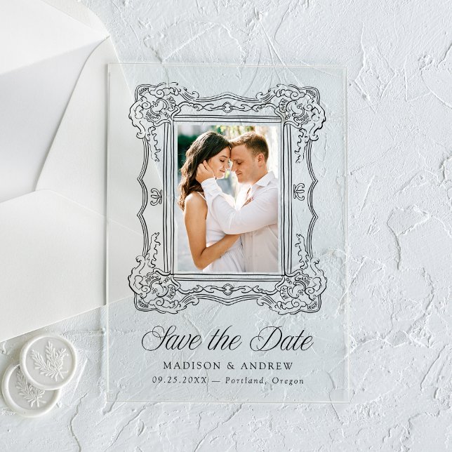 Elegant Black Ornate Frame Wedding Save the Date Acrylic Invitations (Creator Uploaded)
