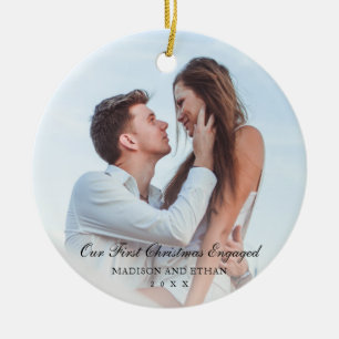 Elegant Black Our First Christmas Engaged Photo Ceramic Tree Decoration