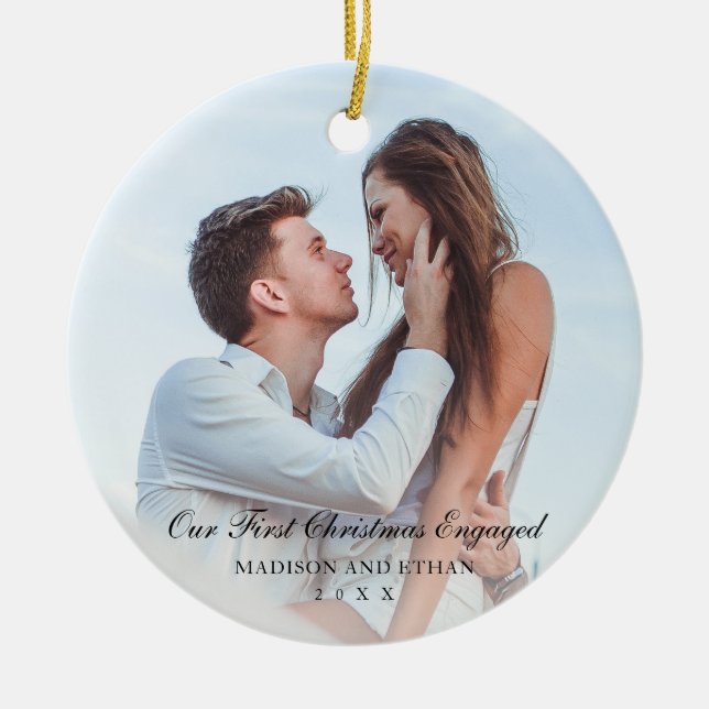 Elegant Black Our First Christmas Engaged Photo Ceramic Tree Decoration (Front)