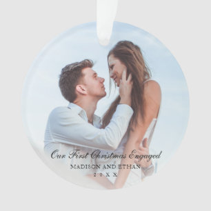 Elegant Black Our First Christmas Engaged Photo Ornament