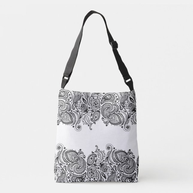 Elegant Black Paisley Lace White Background Crossbody Bag (Back)