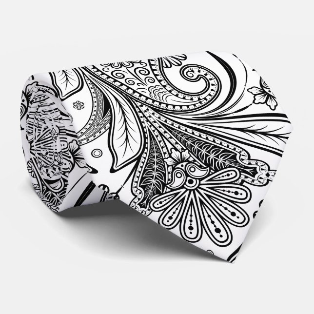 Elegant Black Paisley On White Background Tie (Rolled)