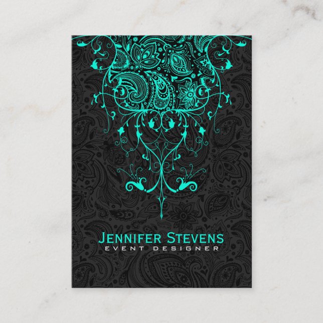 Elegant Black Paisley & Teal-Green Floral Lace Business Card (Front)
