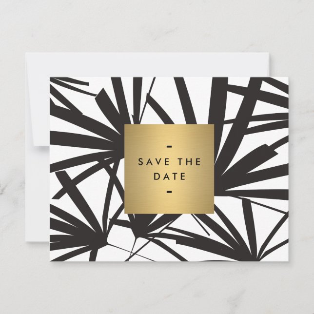 Elegant Black Palm Fronds Save the Date Card (Front)
