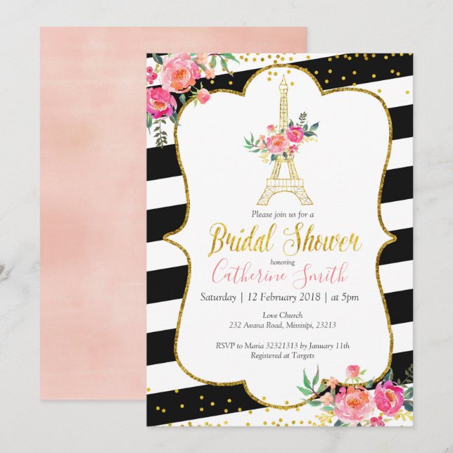 Elegant Black Paris Floral Romantic Bridal Shower Invitation (Front/Back)