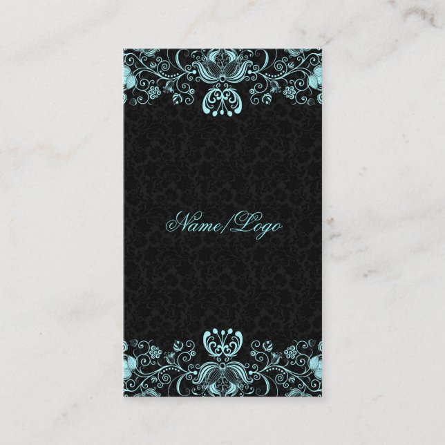 Elegant Black & Pastel Blue Floral Swirls Business Card (Front)