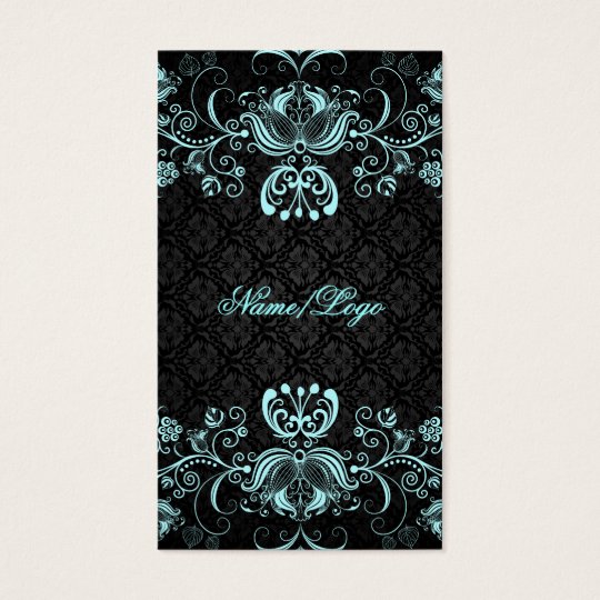 Elegant Black & Pastel Blue Floral Swirls Business Card
