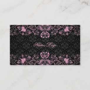 Elegant Black & Pastel Pink Floral Swirls Business Card