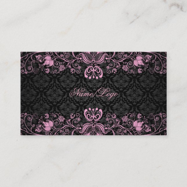Elegant Black & Pastel Pink Floral Swirls Business Card (Front)