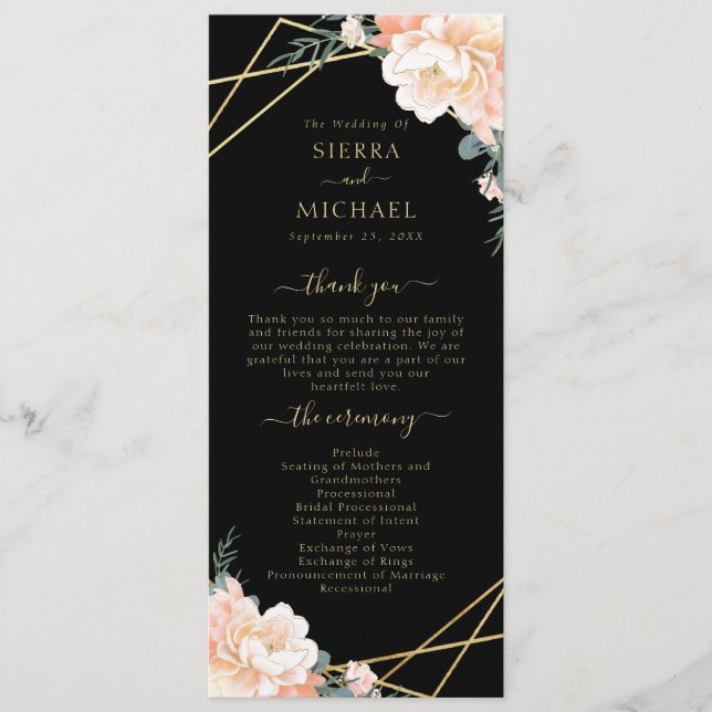 Elegant Black Peach Cream Gold Geometric Wedding Programme (Front)