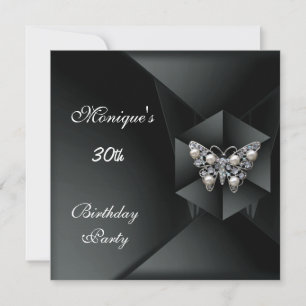 Elegant Black Pearl Butterfly Jewel 30th Birthday Invitation