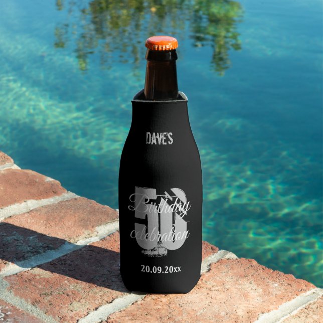 Elegant Black Personalised 50th Any Birthday Bottle Cooler (In Situ Pool)