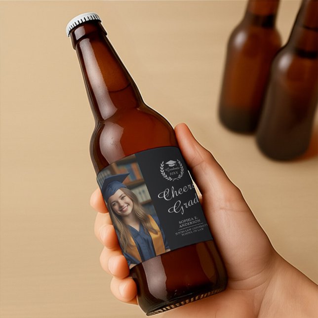 Elegant Black Personalised Cheers Grad Party Photo Beer Bottle Label (Creator Uploaded)