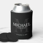 Elegant Black Personalised Groomsmen Can Cooler<br><div class="desc">Add a personal touch to your wedding with personalised groomsmen can cooler. This can cooler features personalised groomsman's name with title and wedding date in white and monogram in grey as background, in classic serif font style, on black background. Also perfect for best man, father of the bride, ring bearer...</div>