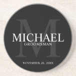 Elegant Black Personalised Groomsmen Coaster<br><div class="desc">Add a personal touch to your wedding with personalised groomsmen coaster. This coaster features personalised groomsman's name with title and wedding date in white and monogram in grey as background, in classic serif font style, on black background. Also perfect for best man, father of the bride, ring bearer and more....</div>