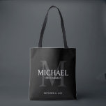 Elegant Black Personalised Groomsmen Tote Bag<br><div class="desc">Add a personal touch to your wedding with personalised groomsmen tote bag. This bag features personalised groomsman's name with title and wedding date in white and monogram in grey as background, in classic serif font style, on black background. Also perfect for best man, father of the bride, ring bearer and...</div>