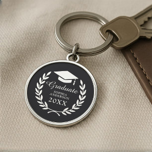 Elegant Black Personalised Name Graduation Emblem Key Ring
