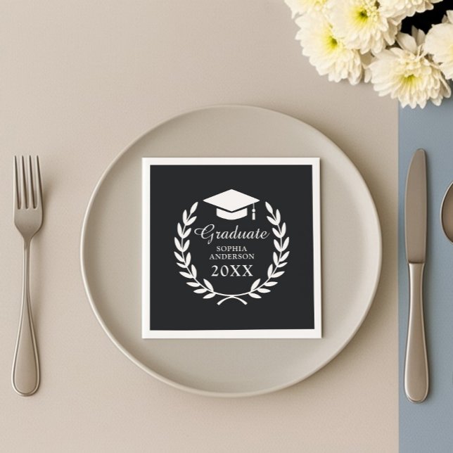 Elegant Black Personalised Name Graduation Emblem Napkin (Creator Uploaded)