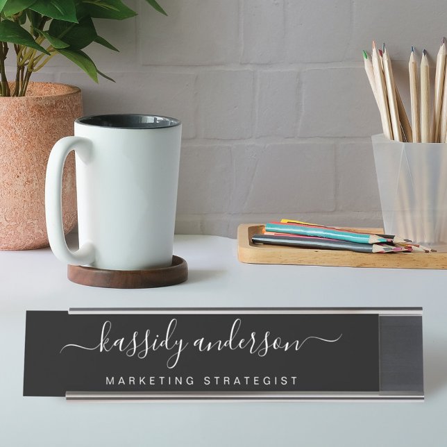 Elegant Black Personalised Name Script Calligraphy Desk Name Plate (Creator Uploaded)
