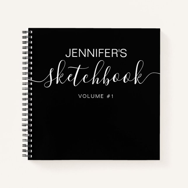 Elegant Black Personalised Sketchbook Your Name Notebook (Front)