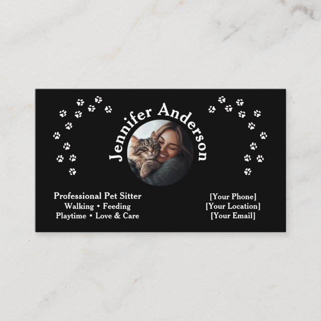 Elegant Black Pet Sitter Business Card (Front)