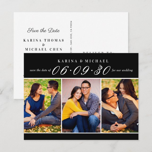 Elegant Black Photo Collage Wedding Save the Date Announcement Postcard (Front/Back)