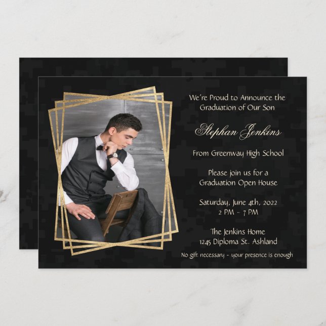 Elegant Black Photo Graduation Party Invitation (Front/Back)
