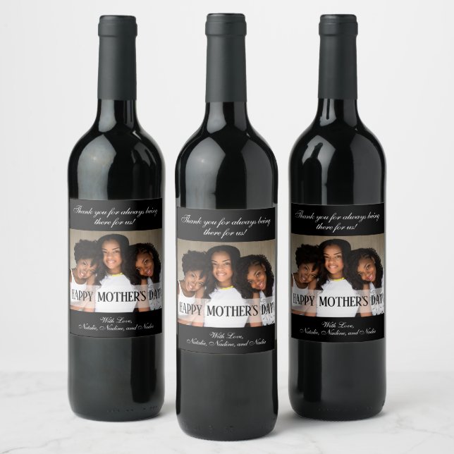 Elegant Black Photo Happy Happy Mother's Day Wine Label (Bottles)