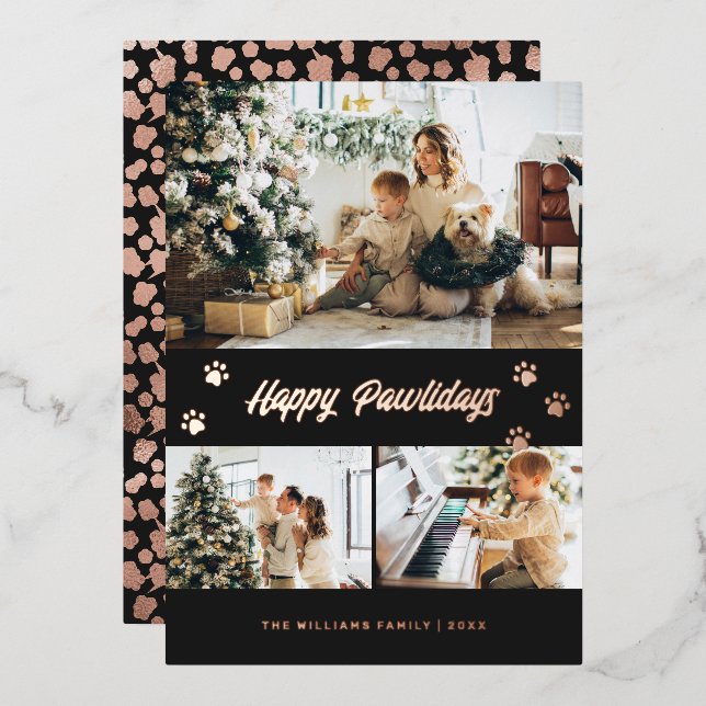 Elegant Black Photo Happy Pawlidays Rose Gold Foil Holiday Card (Front/Back)