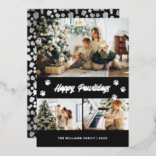 Elegant Black Photo Happy Pawlidays Silver Foil Holiday Card