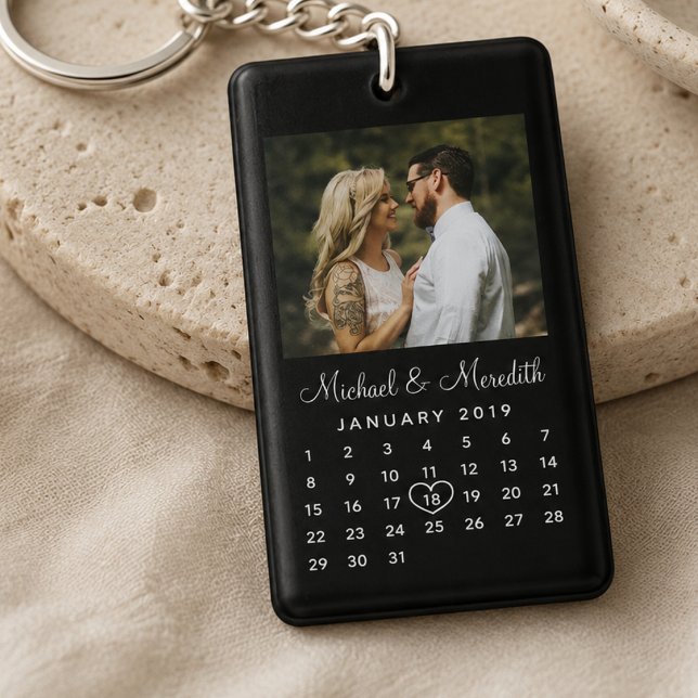 Elegant Black Photo Wedding Anniversary Calendar Key Ring (Creator Uploaded)