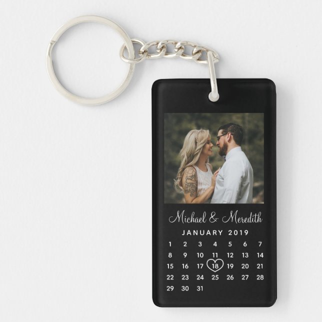 Elegant Black Photo Wedding Anniversary Calendar Key Ring (Front)
