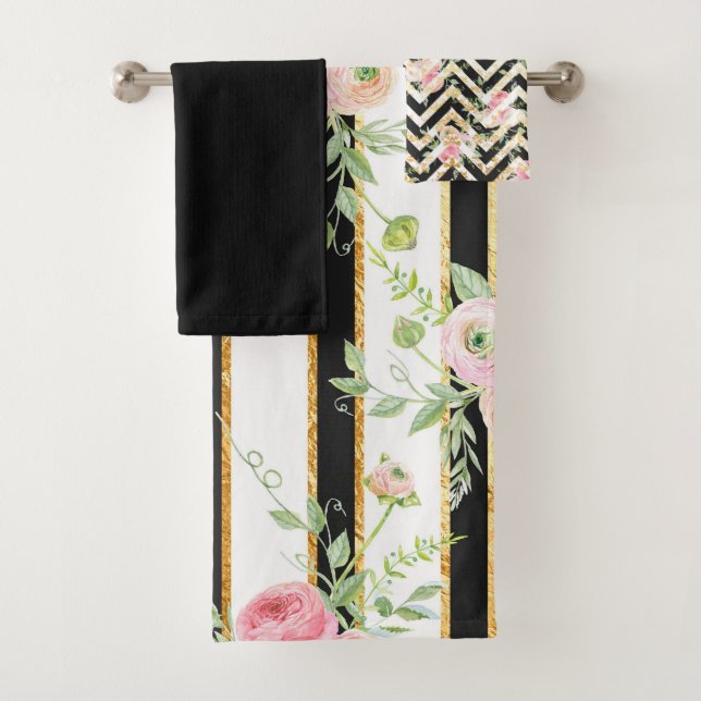 Elegant Black, Pink and Green Floral Bath Towel (Insitu)