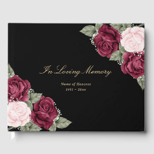 Elegant Black Pink Burgundy Floral Funeral Guest Book