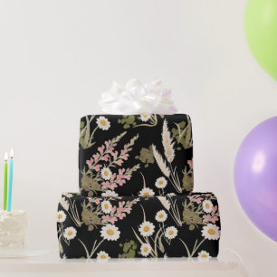 Elegant Black Pink Daisy Pampas Grass Snapdragon  Wrapping Paper