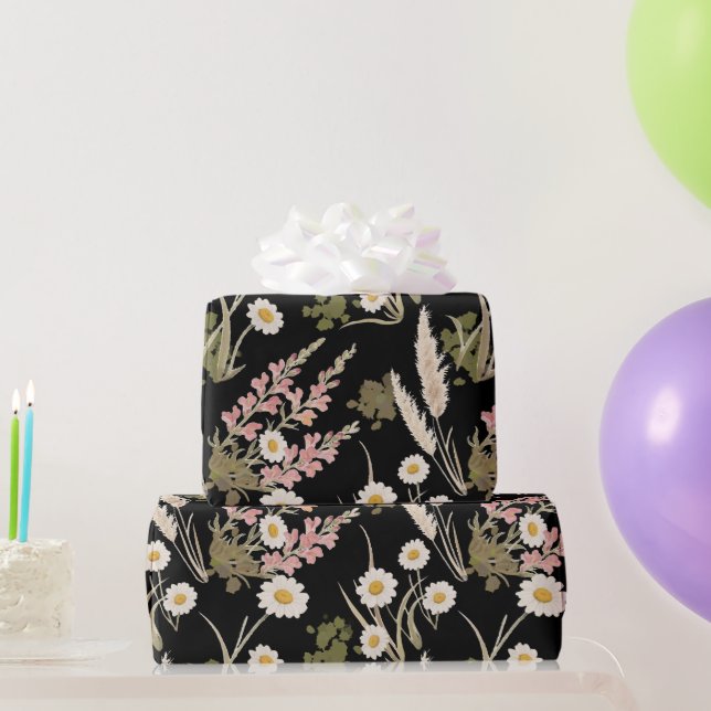 Elegant Black Pink Daisy Pampas Grass Snapdragon  Wrapping Paper (Party Gifts)