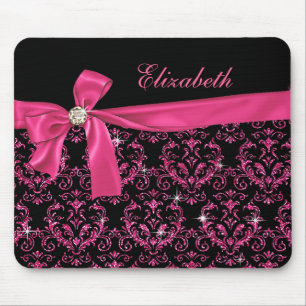 Elegant Black Pink Damask Diamond Bow Custom Mouse Mat