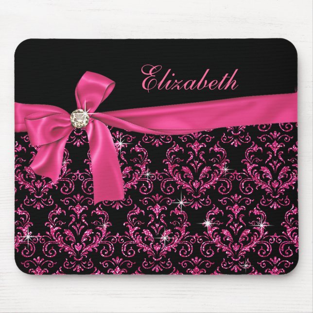 Elegant Black Pink Damask Diamond Bow Custom Mouse Mat (Front)