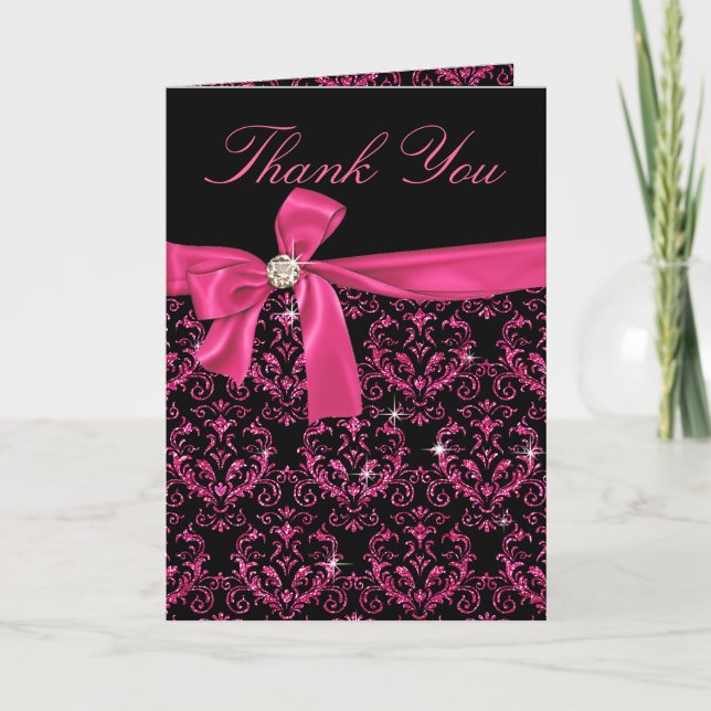 Elegant Black Pink Damask Diamond Bow Thank You (Front)