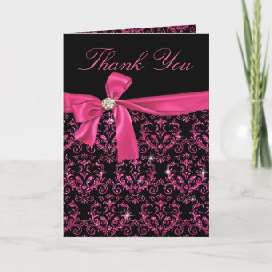 Elegant Black Pink Damask Diamond Bow Thank You Card
