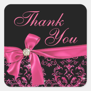 Elegant Black Pink Damask Diamond Bow Thank You Square Sticker