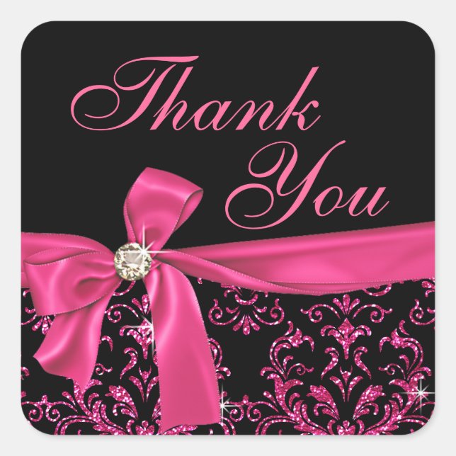 Elegant Black Pink Damask Diamond Bow Thank You Square Sticker (Front)