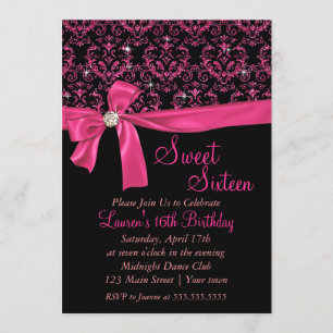 Elegant Black Pink Damask Sweet Sixteen Party Invitation