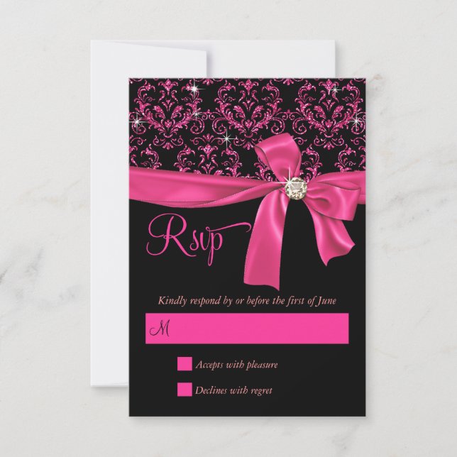 Elegant Black Pink Damask Sweet Sixteen Party RSVP (Front)