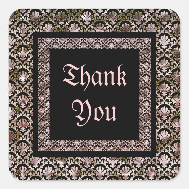 Elegant black pink damask wedding square sticker (Front)