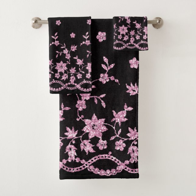 ELEGANT BLACK PINK DIAMOND LACE BATHROOM TOWEL SET (Insitu)