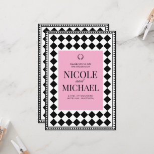 Elegant Black &Pink Diamond Pattern Wedding  Invitation