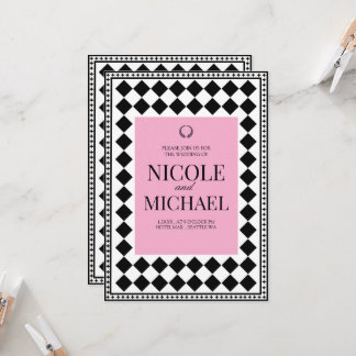 Elegant Black &Pink Diamond Pattern Wedding  Invitation